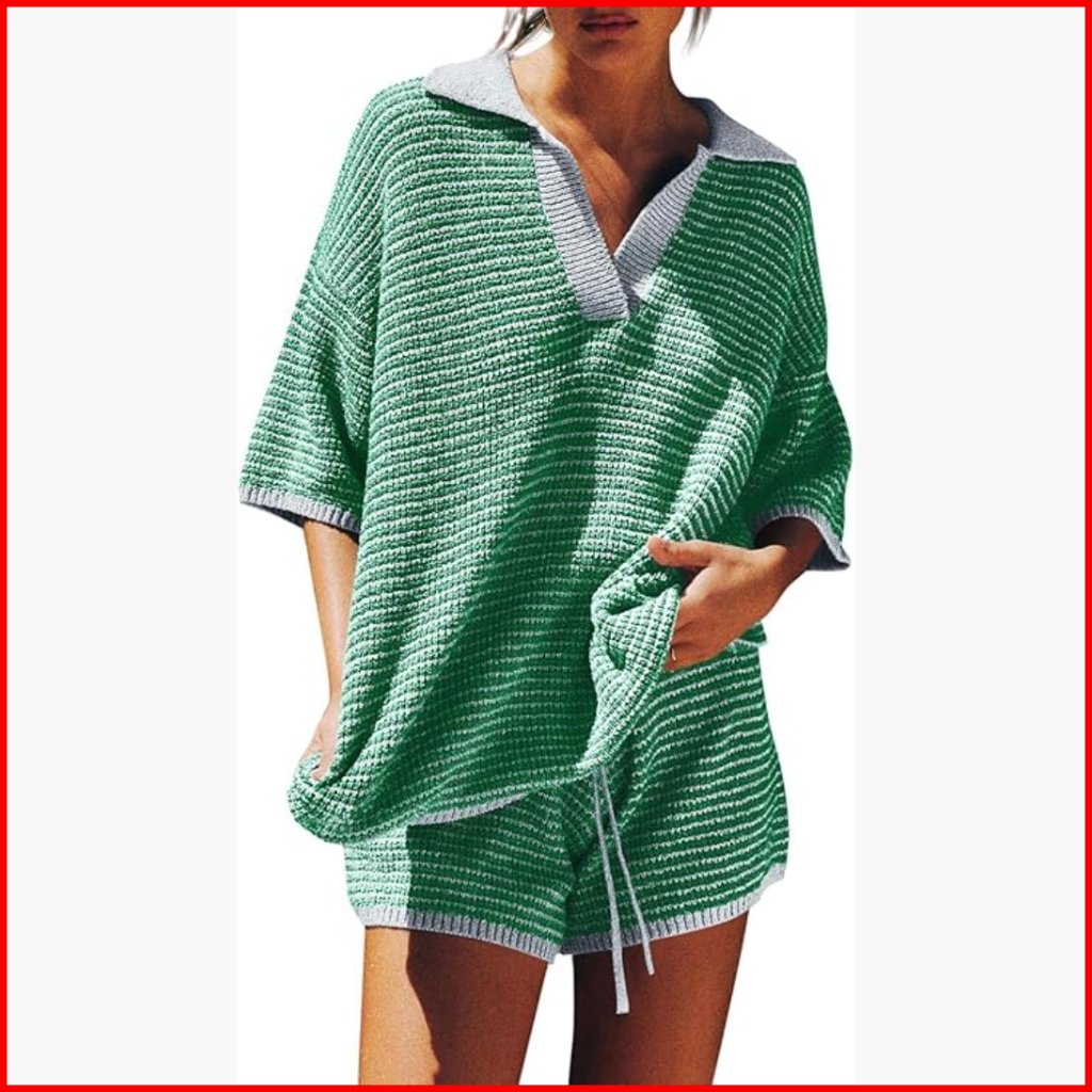 Oversized 3/4 Sleeve V-Neck Knit Sweater Set With High Waisted Shorts
